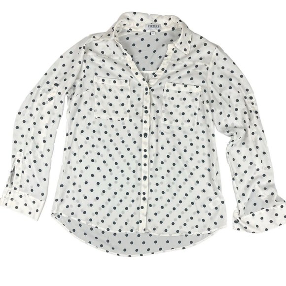 Express Lot Of 2 Blouses Shirts Black White Polka Dot Portofino Green Women's M - Picture 4 of 16